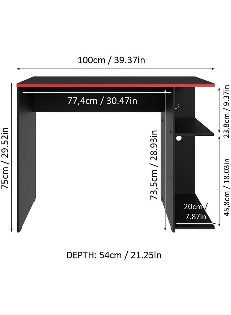 Madesa Compact Gaming Computer Desk with 2 Shelves, Cable Management and Large Monitor Stand, Wood, 21.25" D x 39.37" W x 29.52" H - Black/Red - Image 2